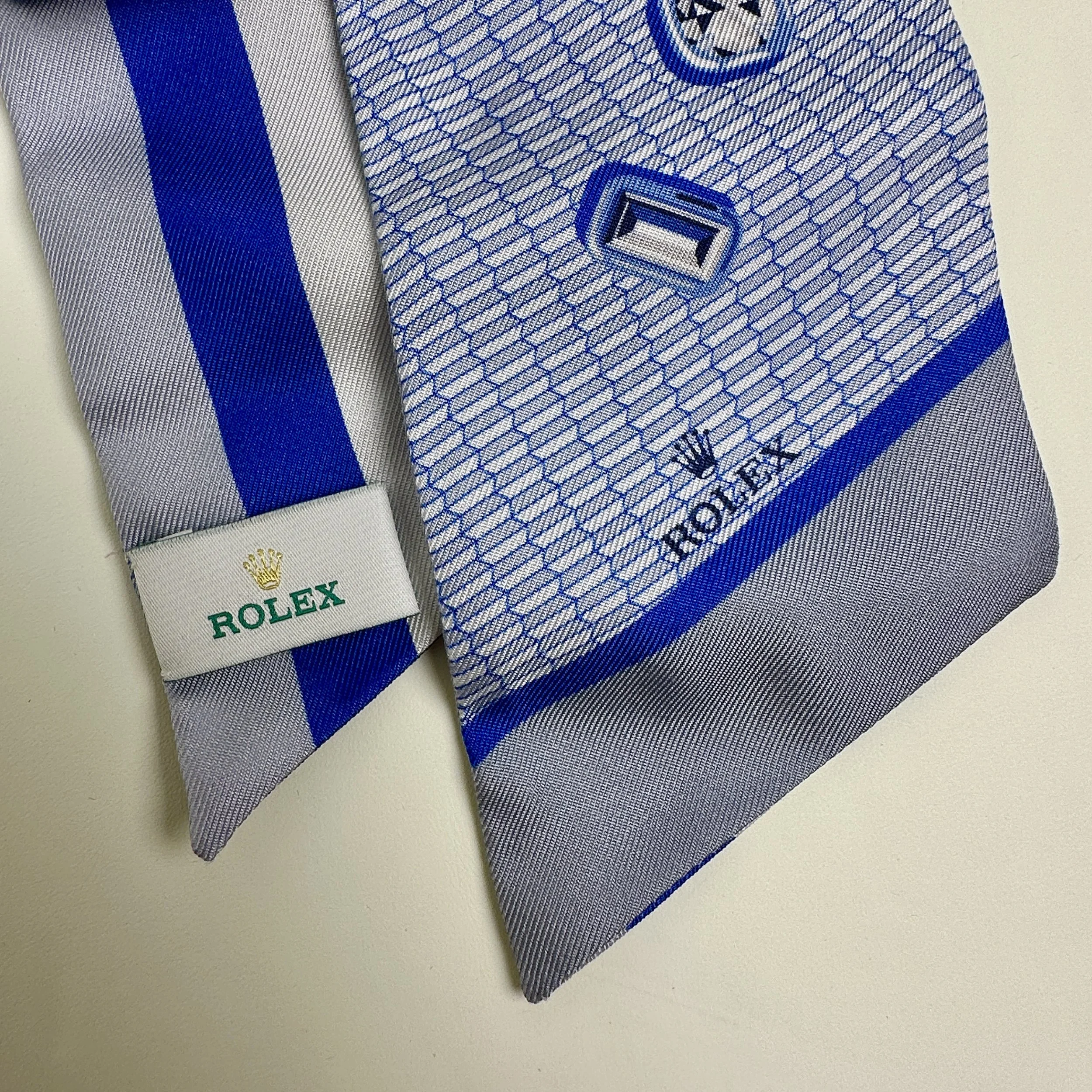 Rolex Blue Silk Twilly Scarf with Gem Motif and Striped Design